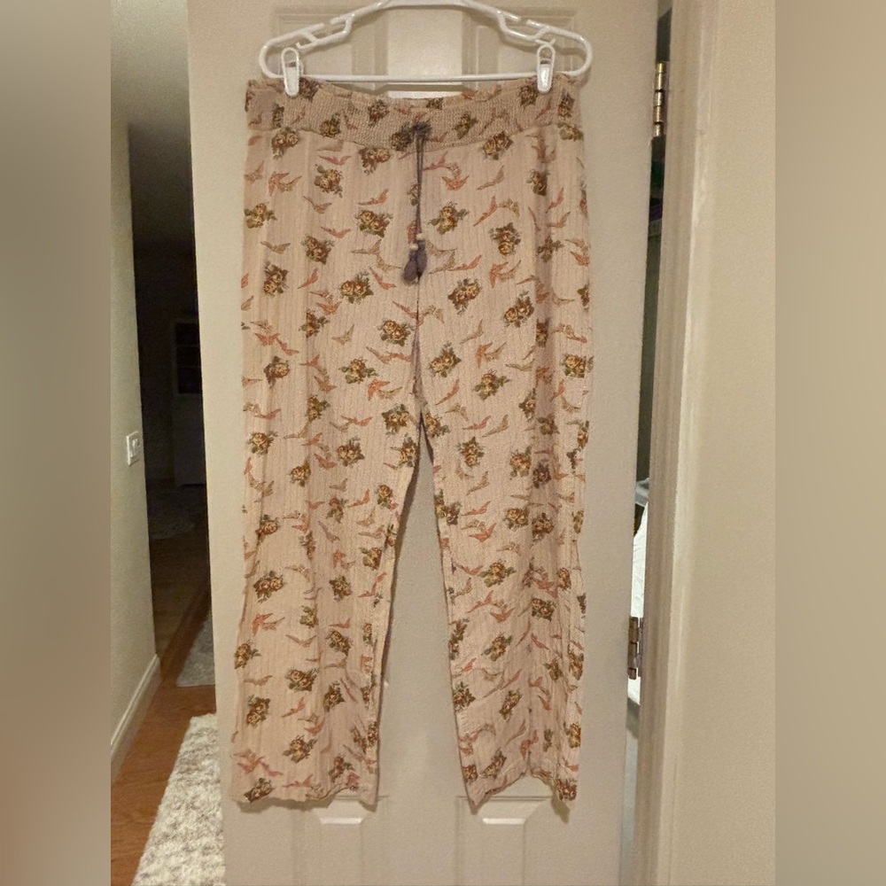 Lilka Floral Lounge Pants with Beaded Waist Tie & Gold Pinstripes